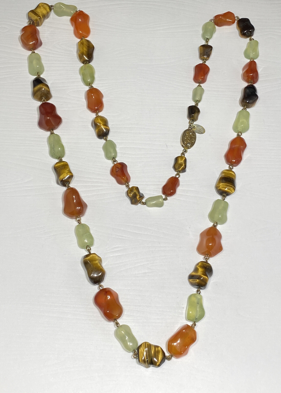 Vintage Signed Les Bernard Tiger?s Eye Jade and Carnelian Beaded Necklace 36 in