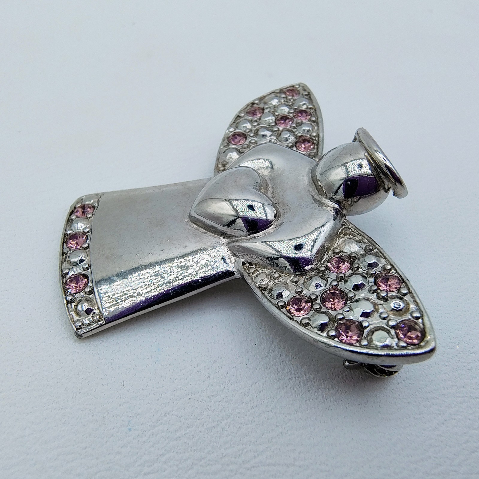 Vintage Angel Holding Heart Brooch Silver Tone Pink Rhinestone Guardian
