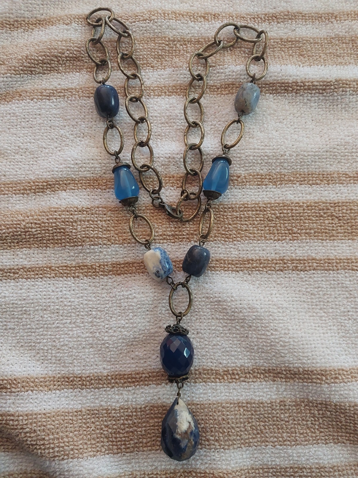 Vintage 90’s Y-Drop Necklace Blue & White Stones Faceted Sodalite & Acrylic