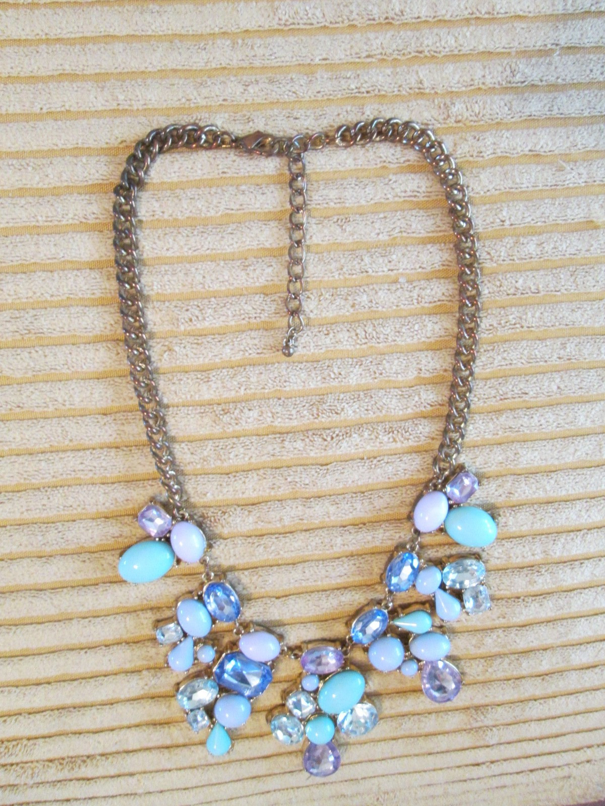 Turquoise blue pink and purple cz and lucite gold tone 20″ statement necklace