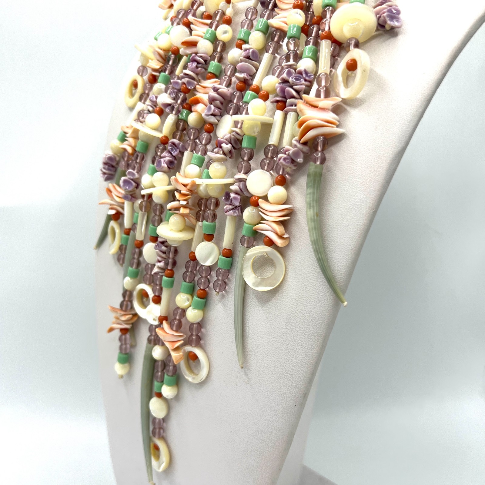 Vtg Runway Bib Necklace Mother of Pearl Amethyst Mineral Beaded Fringe Statement
