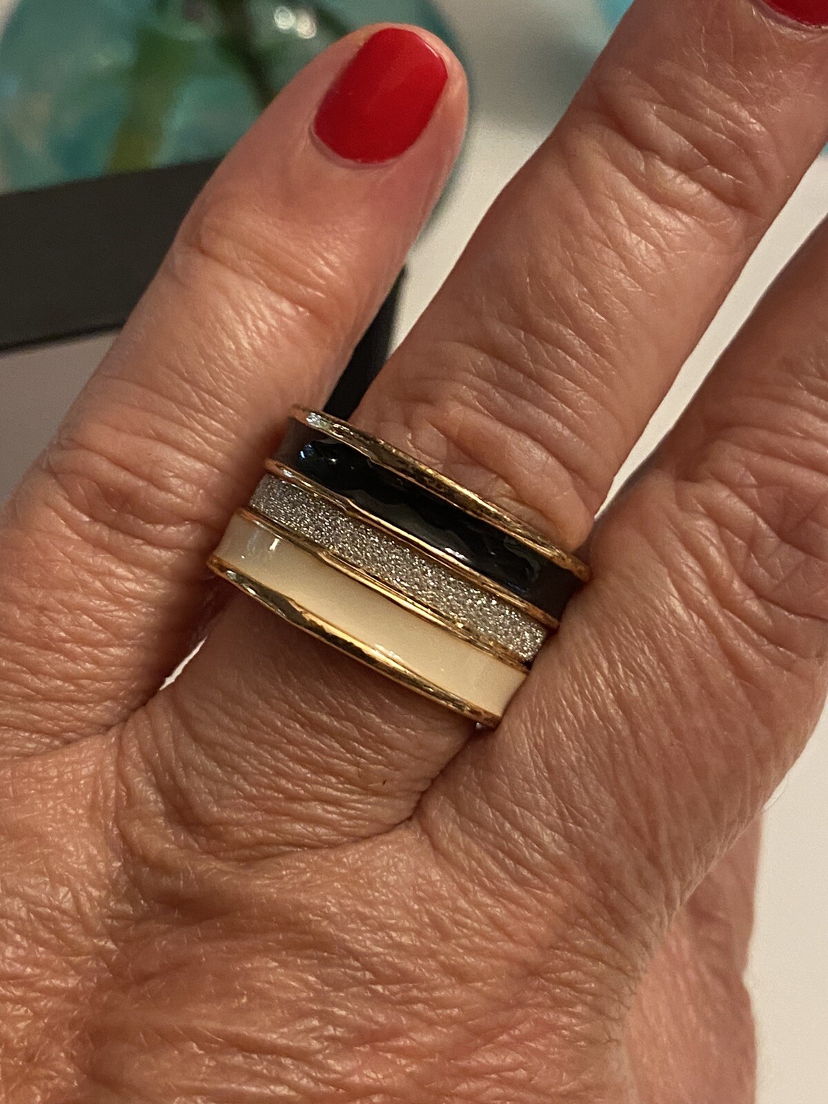 Vintage Enamel Paved Crystal Wide Band Ring