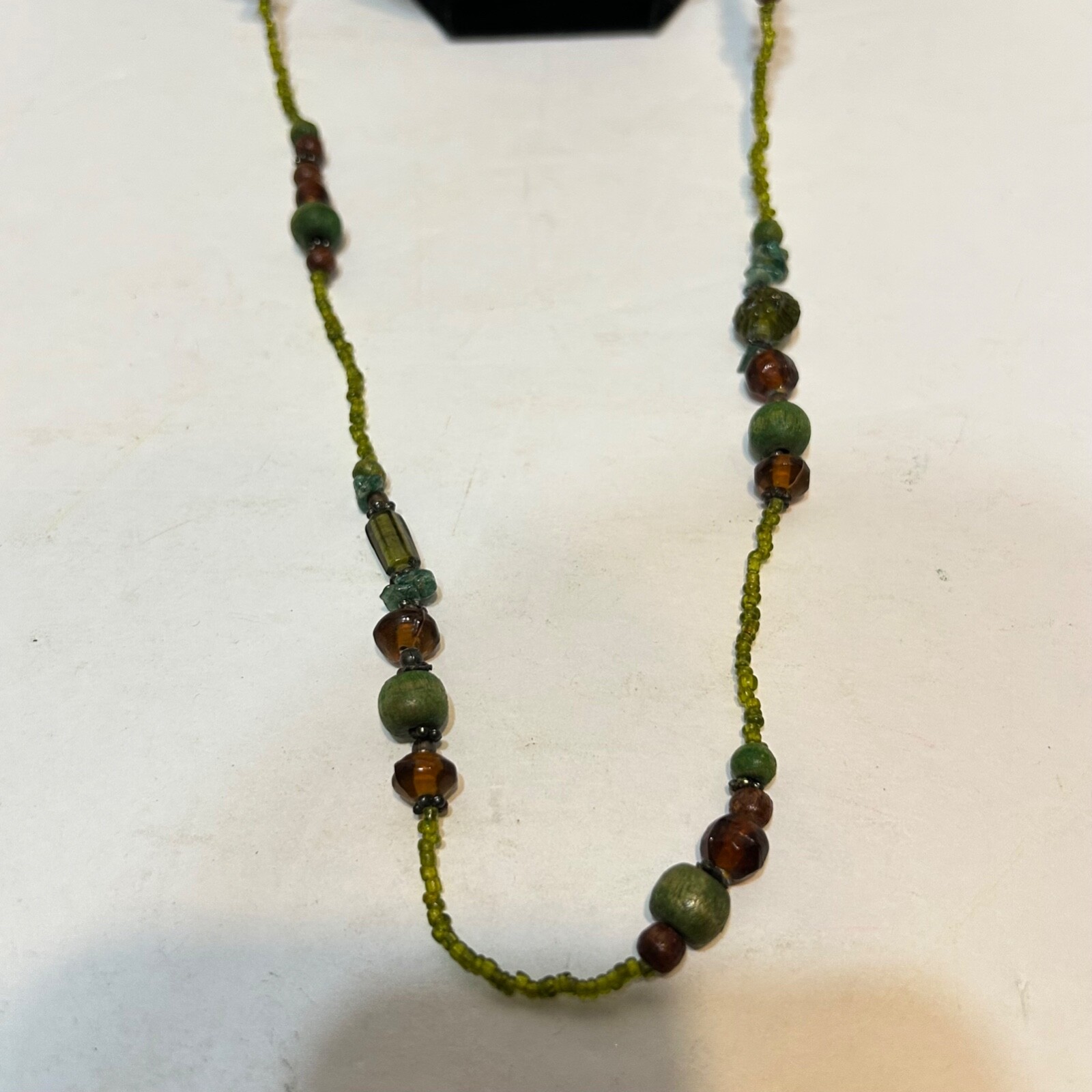 Vintage Womens Pull Over Necklace Multi Beads Wood Rock Plastic Multicolor 19″