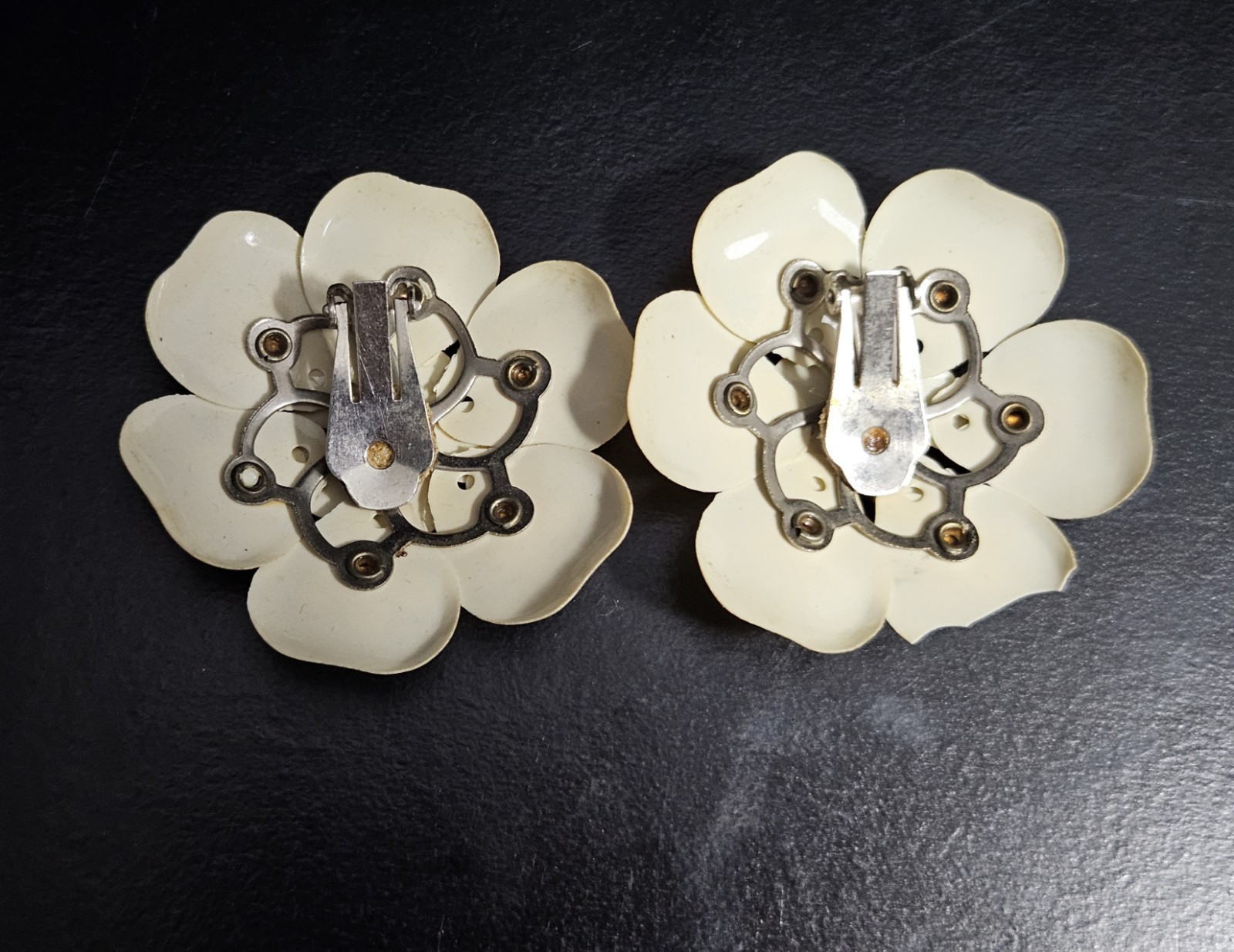Vintage Floral Cluster Clip On Earrings Iridescent Petal Design with Rhinestone