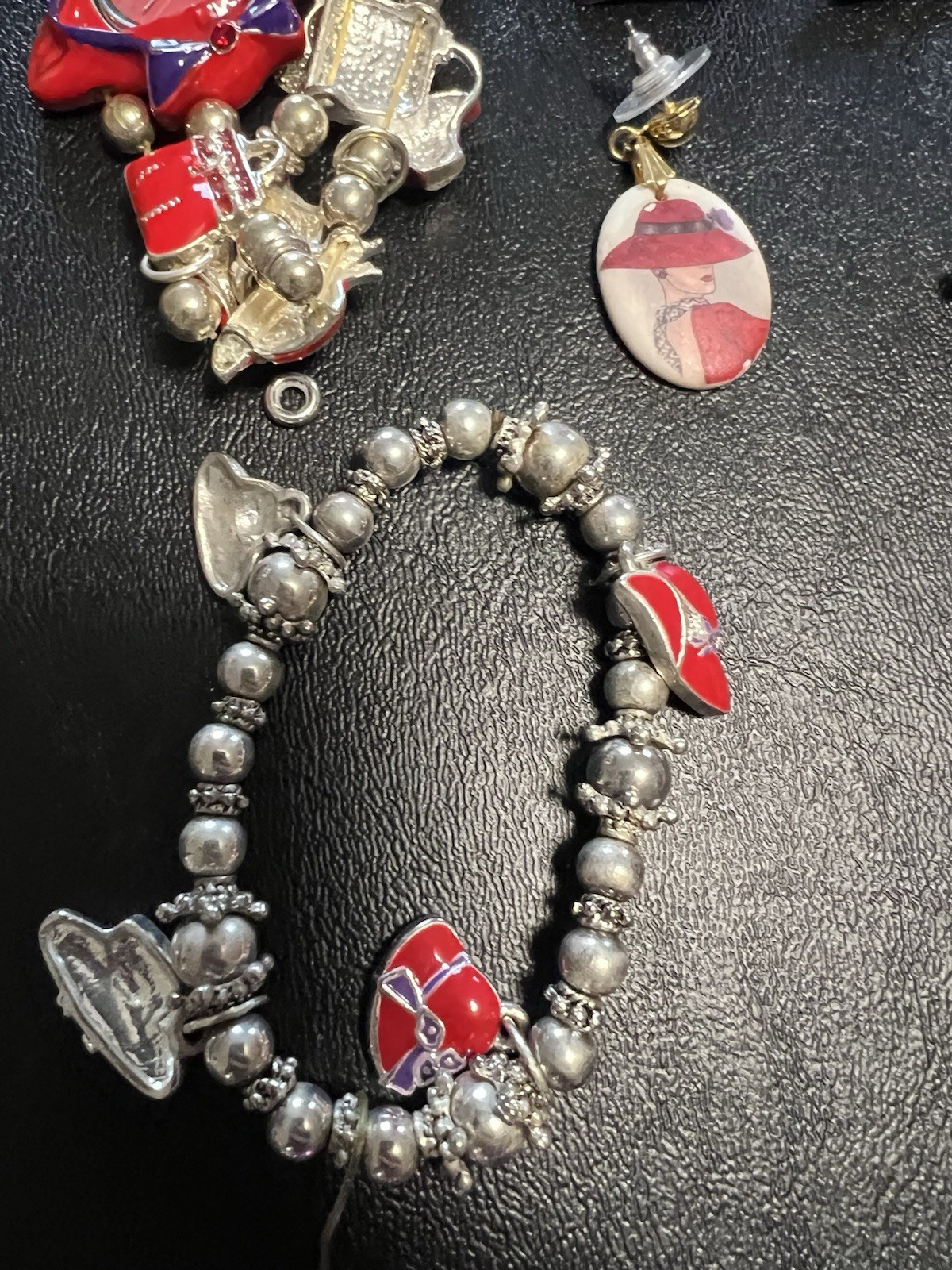 Red Hat Society Jewelry Lot Of 54 Brooches Bracelets Watch Necklaces Charms Box