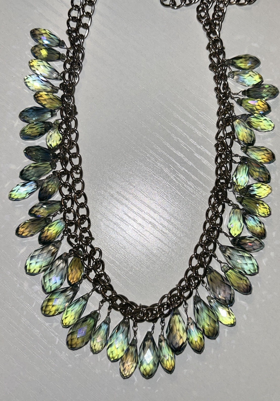 Vintage AB Crystal Teardrop Fringe Necklace Iridescent Glass Statement Bib 26”