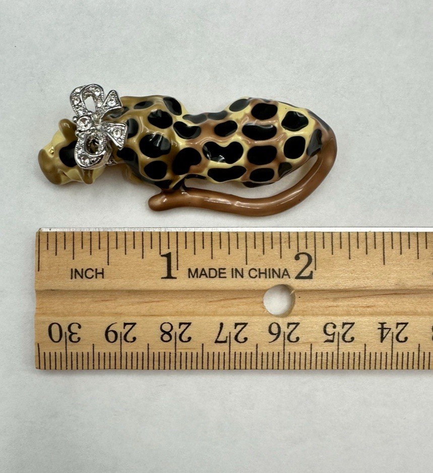 Signed KJL Kenneth Jay Lane Leopard With Crystal Bow Brooch Pin