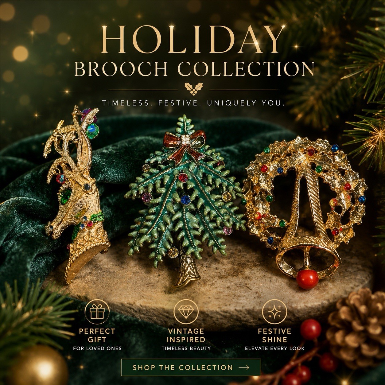 Vintage Holiday Brooch Collection lot of 3 Reindeer Christmas Tree & Bell