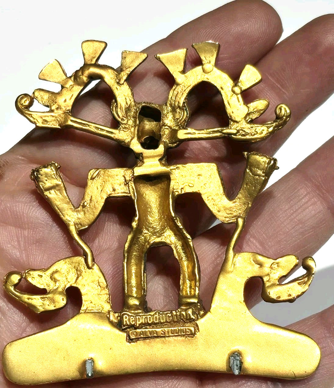 Vintage Alva Studios Reproduction Pre Columbian Figural Pendant Brooch Gold Tone