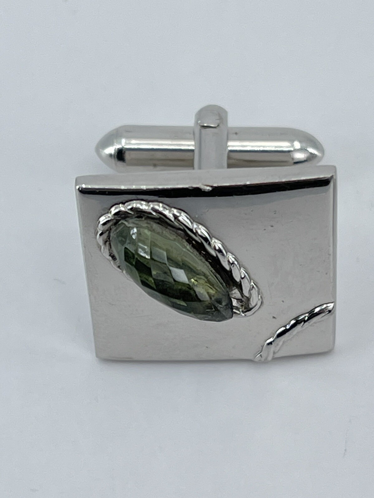 Vintage Swank mens cufflinks green teardrop faceted glass stone rope accents