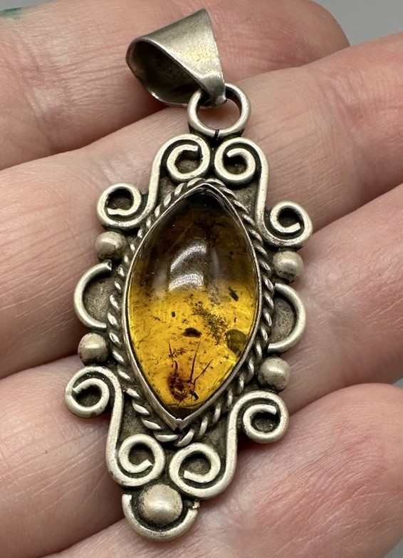 Vintage Sterling Silver Pendant Amber Resin Cabochon Boho Scroll Marquise 2”
