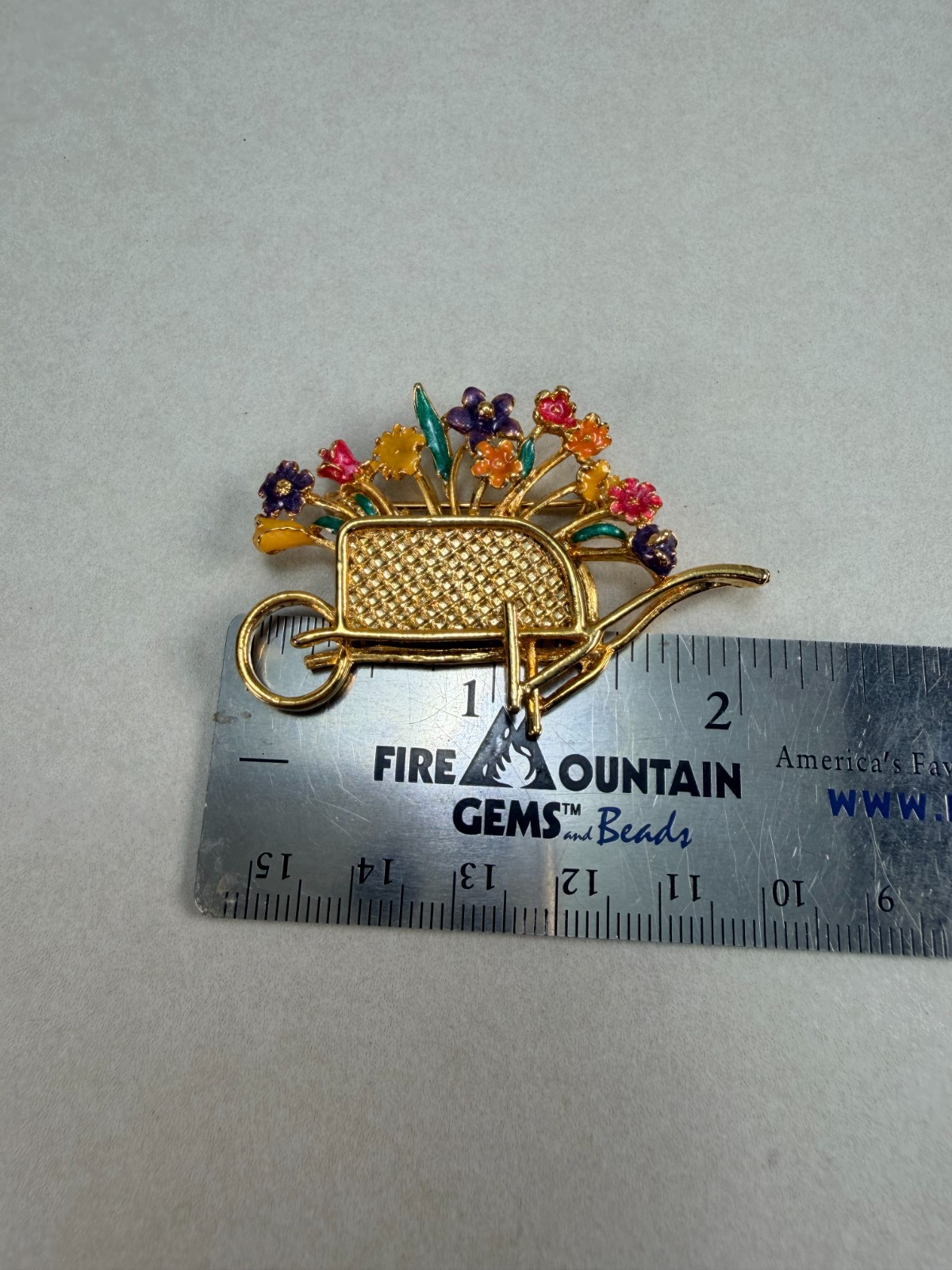 Vintage Wheelbarrow Flower Brooch Colorful Enamel Floral Garden Pin