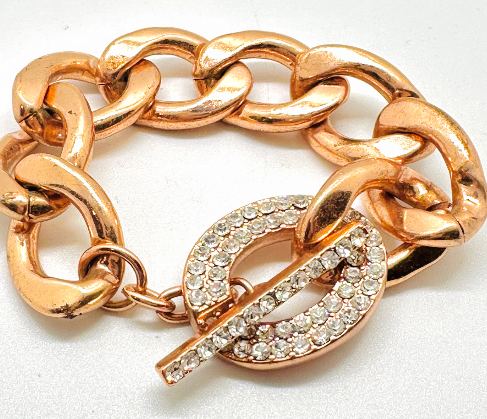 Vtg Copper Color Chunky Link Rhinestone Toggle Bracelet 7.5″ Minty Condition
