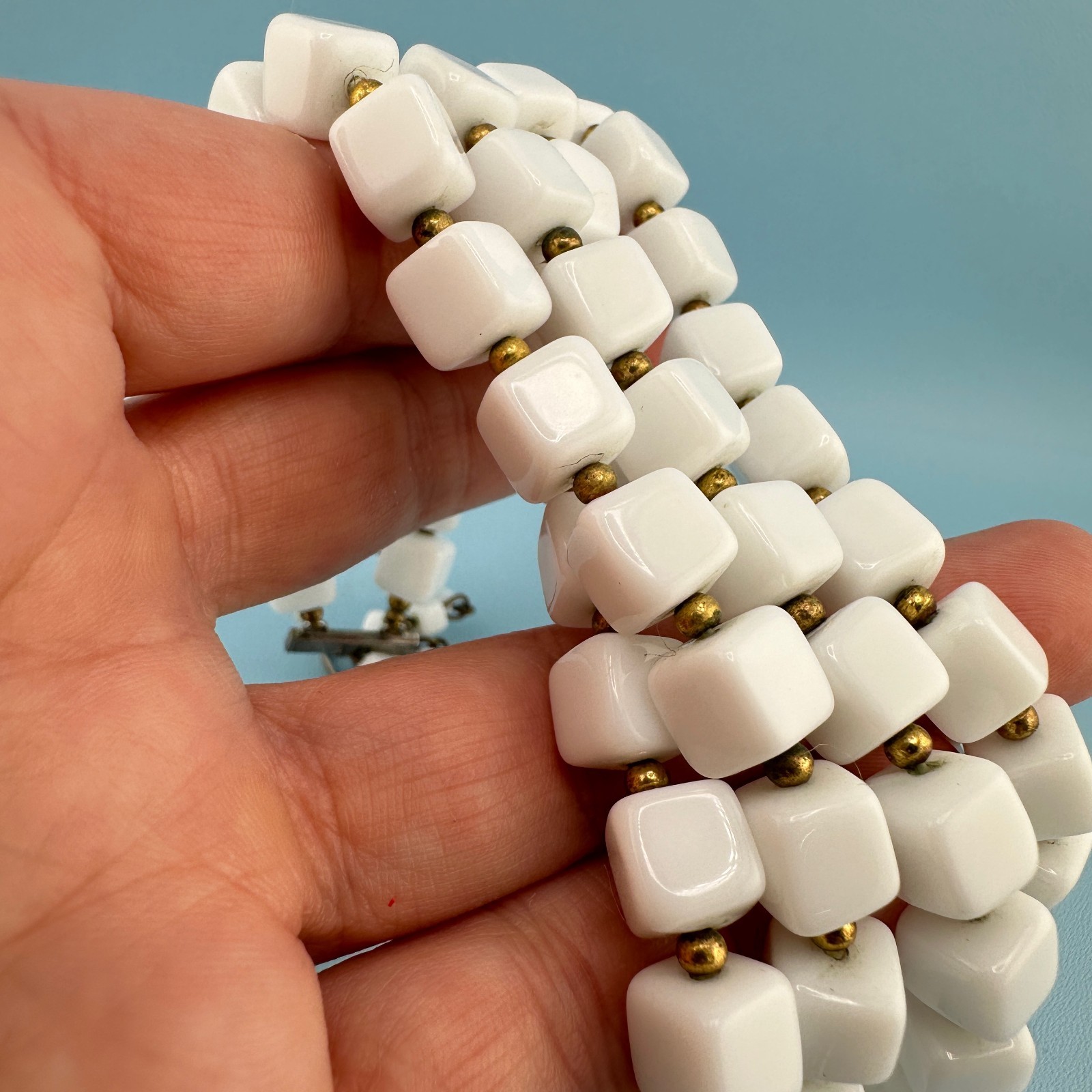 Vintage White Milk Glass Necklace Double Strand Square Shape Bead Retro Mod 18″