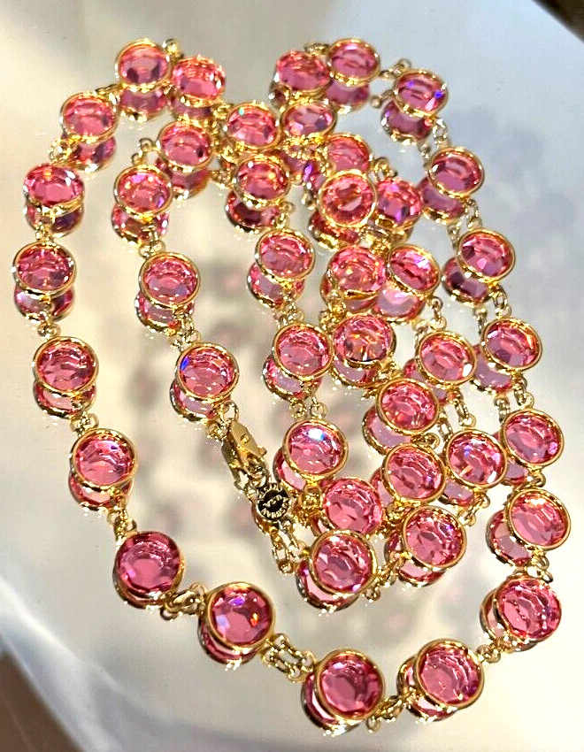 Vintage Pink AUSTRIAN Crystal USA Bezel Set 12 mm Crystals 36″ Long Necklace