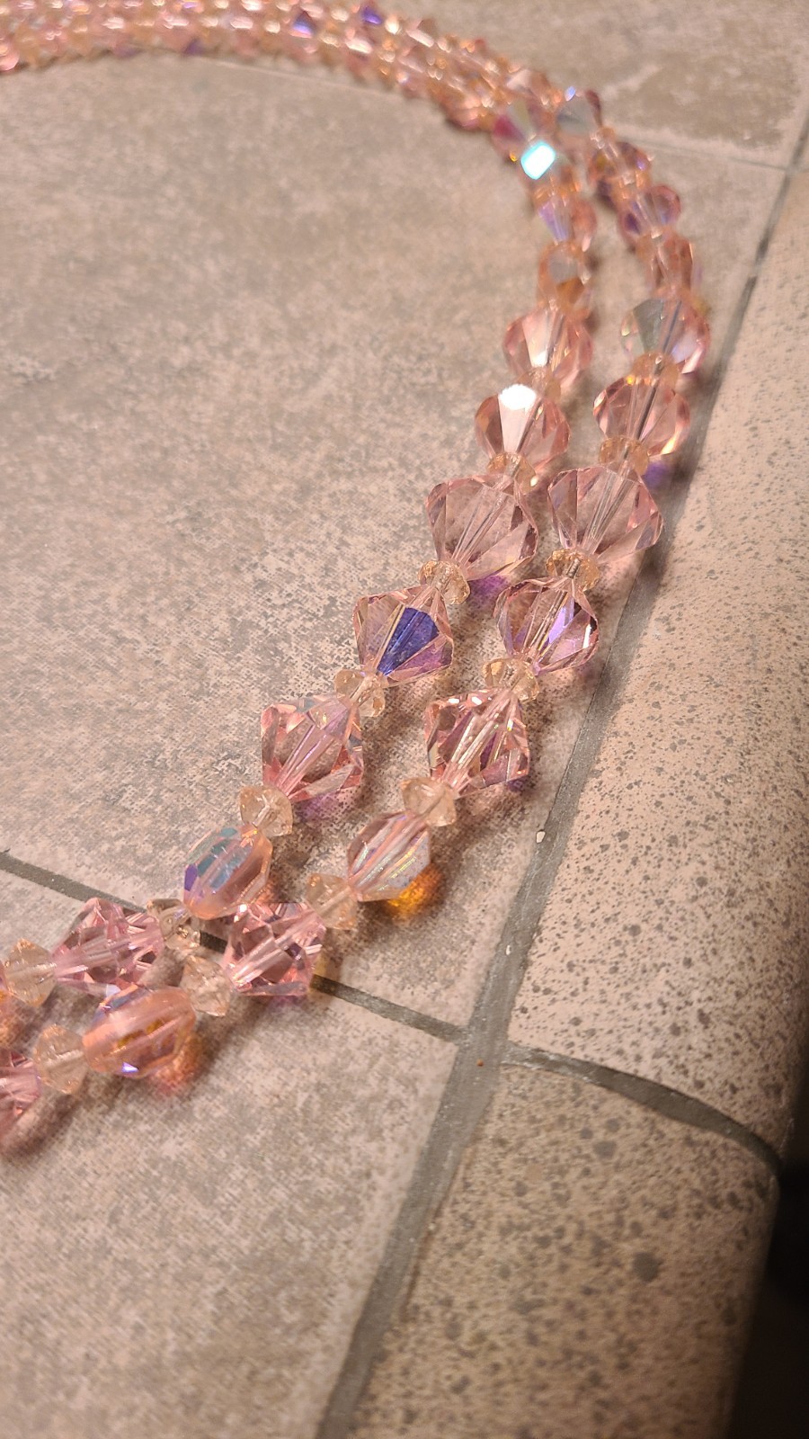 VINTAGE AB PINK w/ IRIDESCENT GLASS BEADS 2 STRAND NECKLACE APPROX 18″