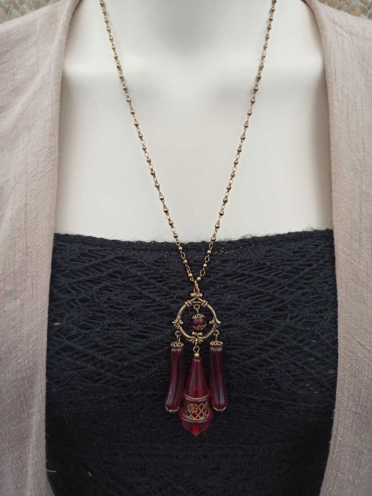 Vintage Red Necklace Rosary Beaded Tassel Long Lucite Art Deco Revival 23″ Boho
