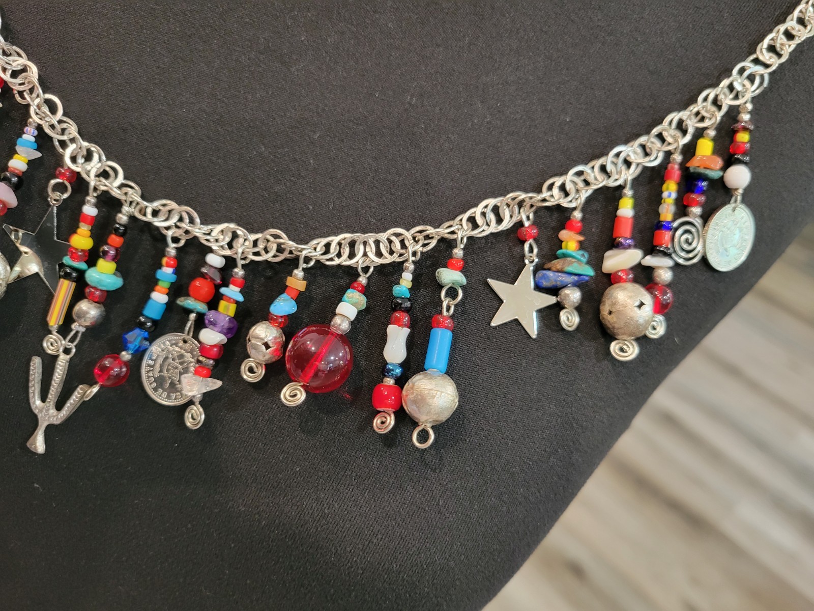 Vintage Multi-stone Tribal Guatemala Coin Charm Beaded Strand Silver Toned Boho