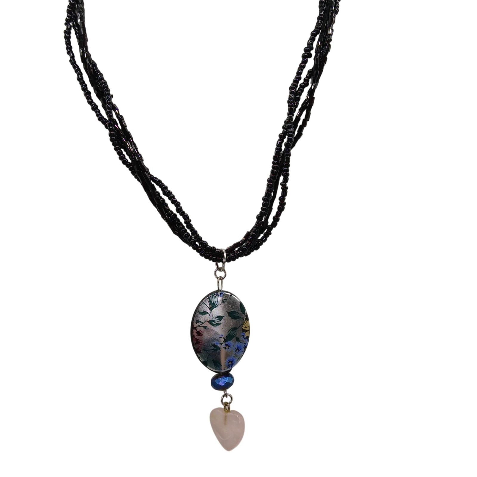 Vintage Hand Beaded Hearts and Flowers Drop Pendant on Multi Strand Black