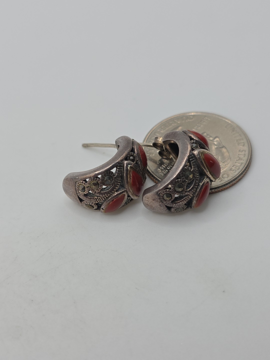 Vintage Sterling Silver 925 Red Coral Marcasite Curved Earrings 10g