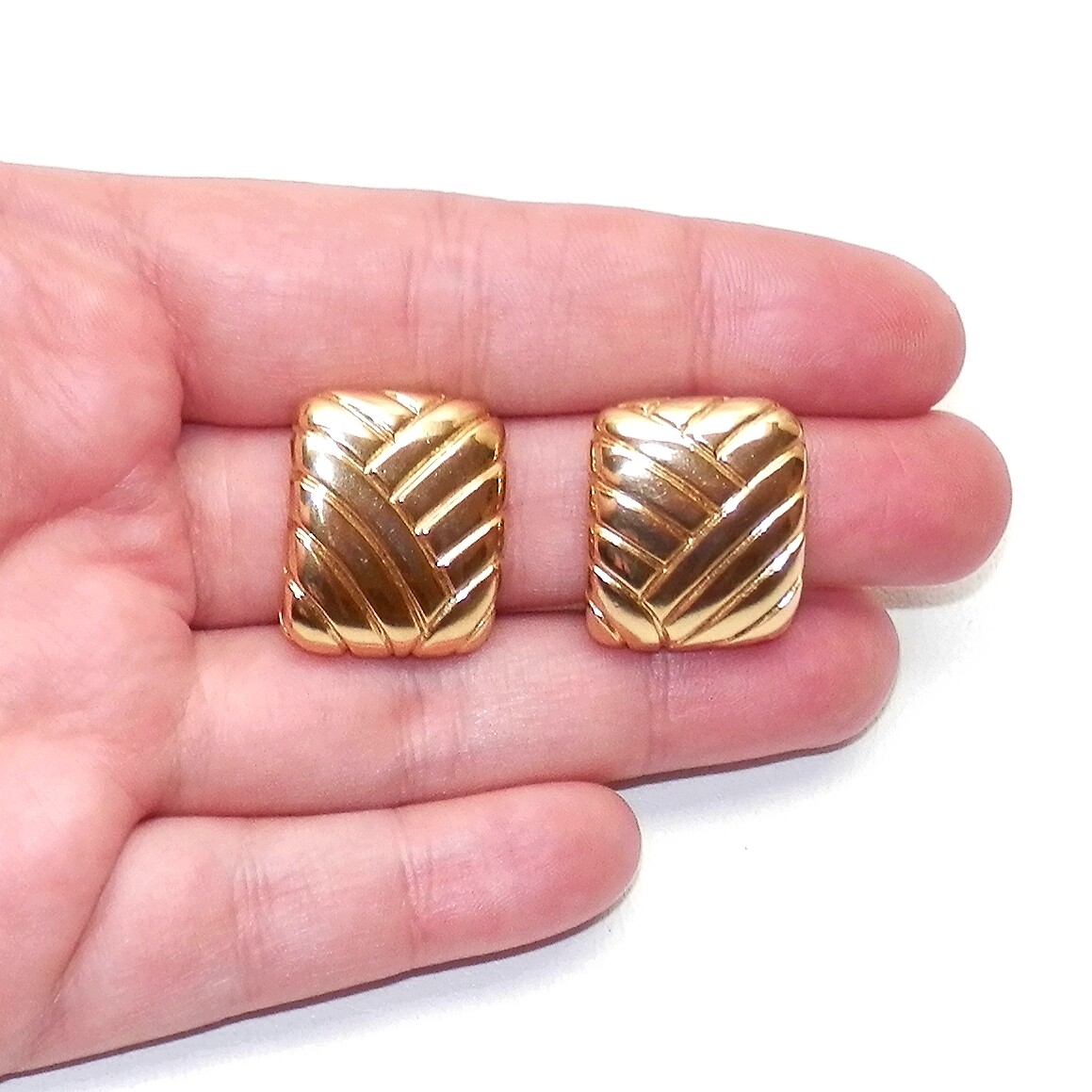Vintage Vogue Bijoux Clip On Earrings Gold Tone Art Deco Style 80s Statement