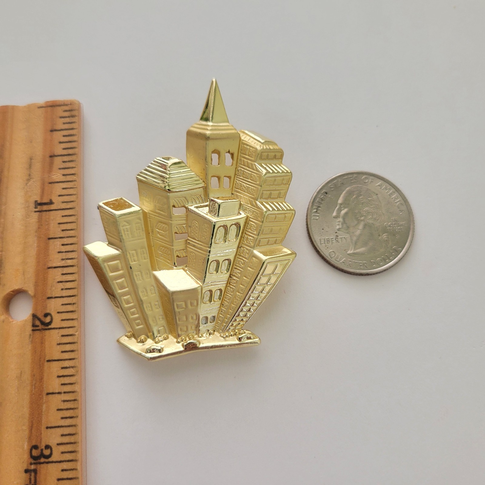 Vtg Signed AJC Gold Tone Pin Brooch Skyscraper Cityscape City Tall Buildings 2”