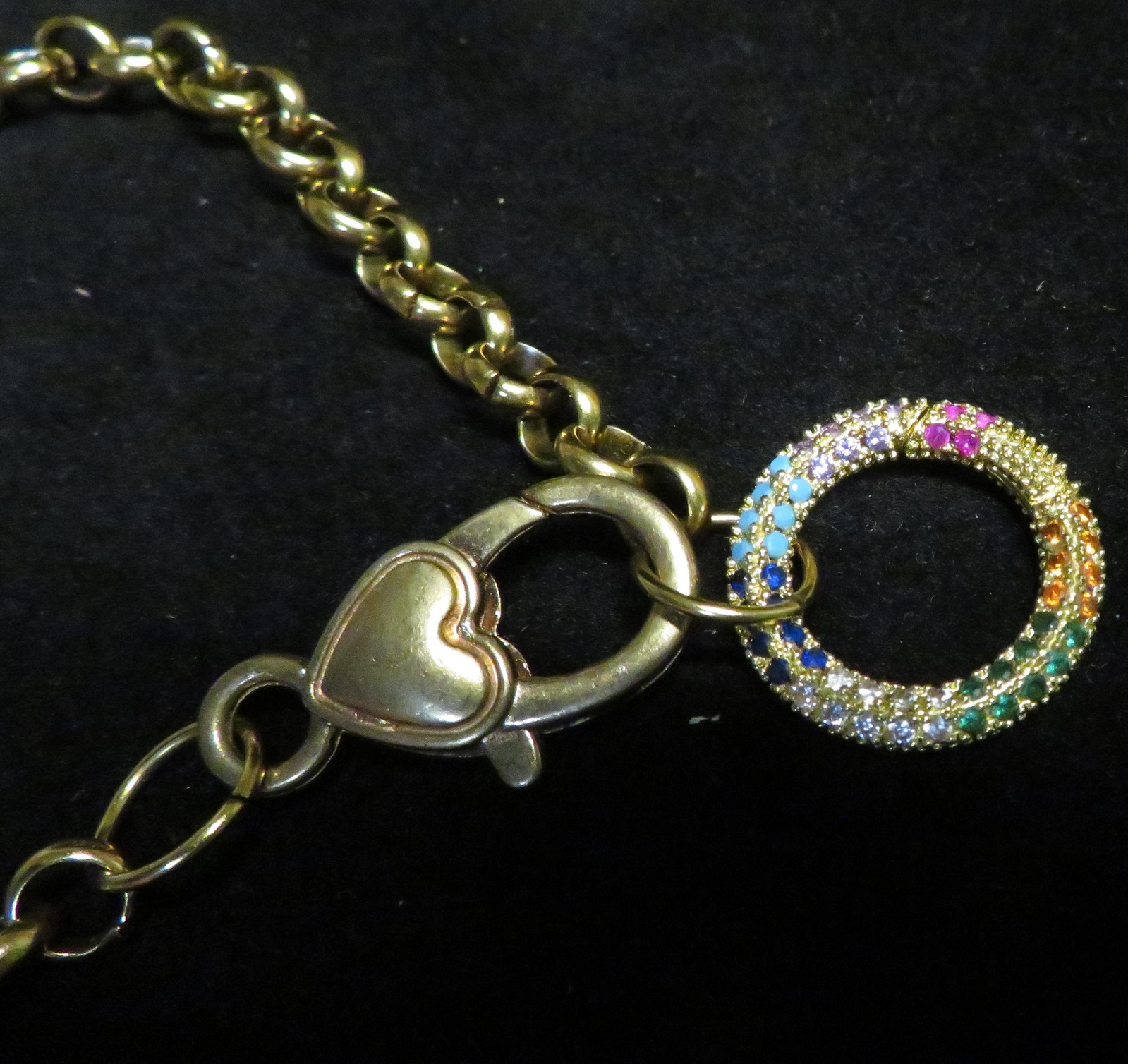 Vintage Heart Clasp 8″ Bracelet Gold Tone Multi Color Rhinestone Circle Ring GUC