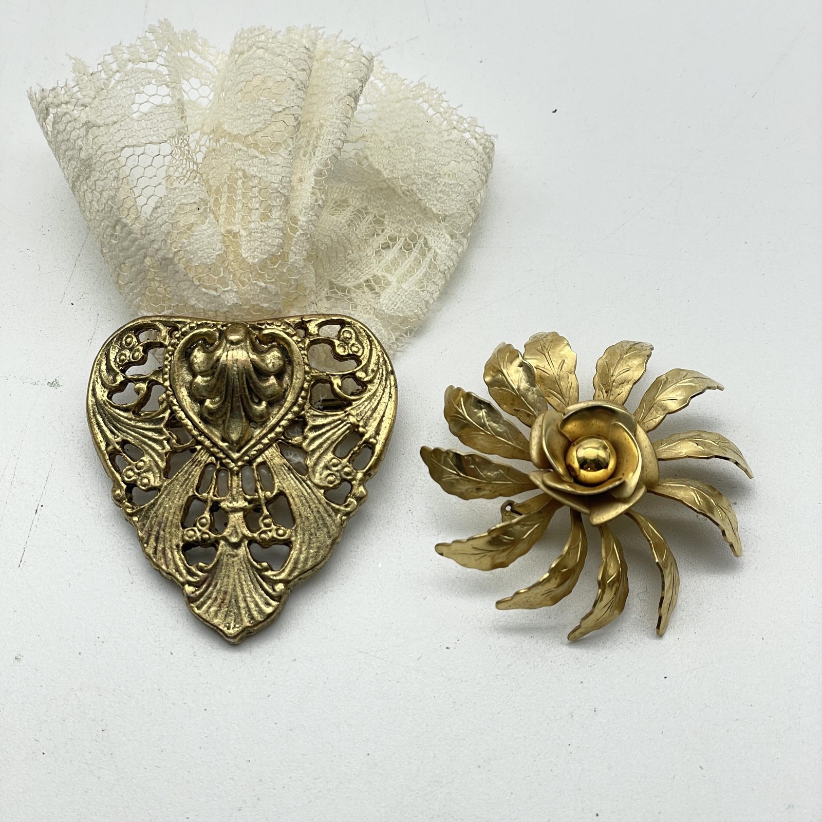 Vintage Gold Tone Filigree Heart Brooch and Flower Leaf Pin Lot of 2 Lace