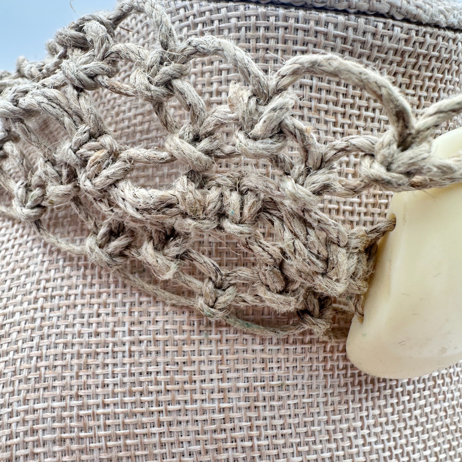Vintage Y2K Cream Tagua Nut Stone Macrame Hemp Woven Choker Necklace Jewelry 90s