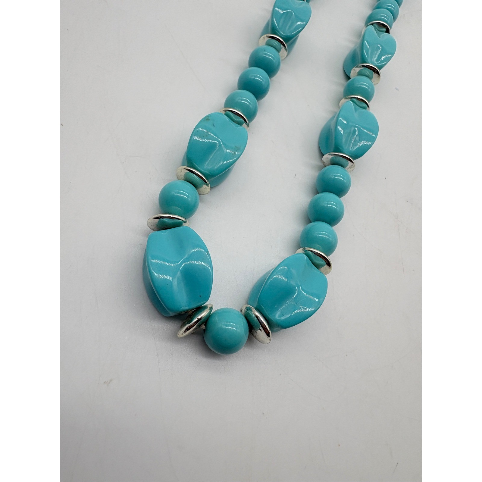 Vintage Turquoise Blue Chunky Lucite Plastic Beaded Statement Necklace 30 Inch
