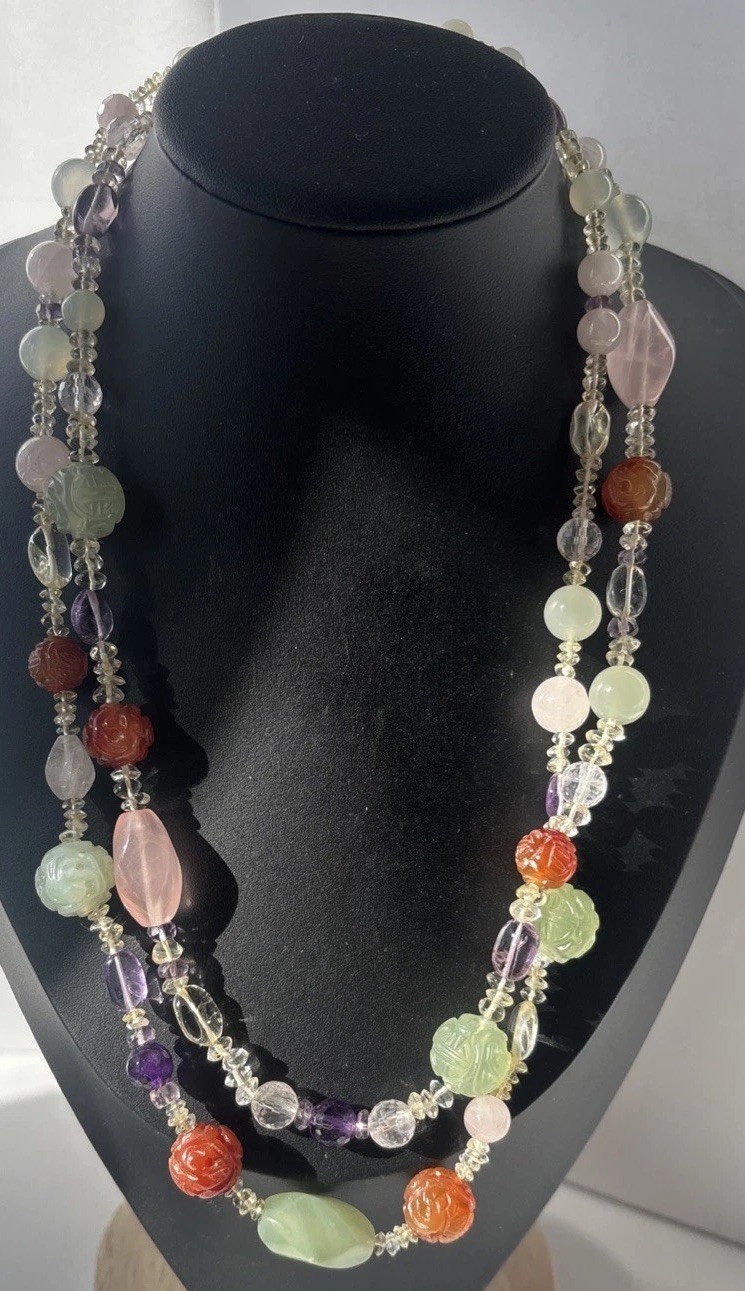 Multi-Gemstone 2-Strand Necklace Carved Jade Amethyst Sterling Silver STG 85g