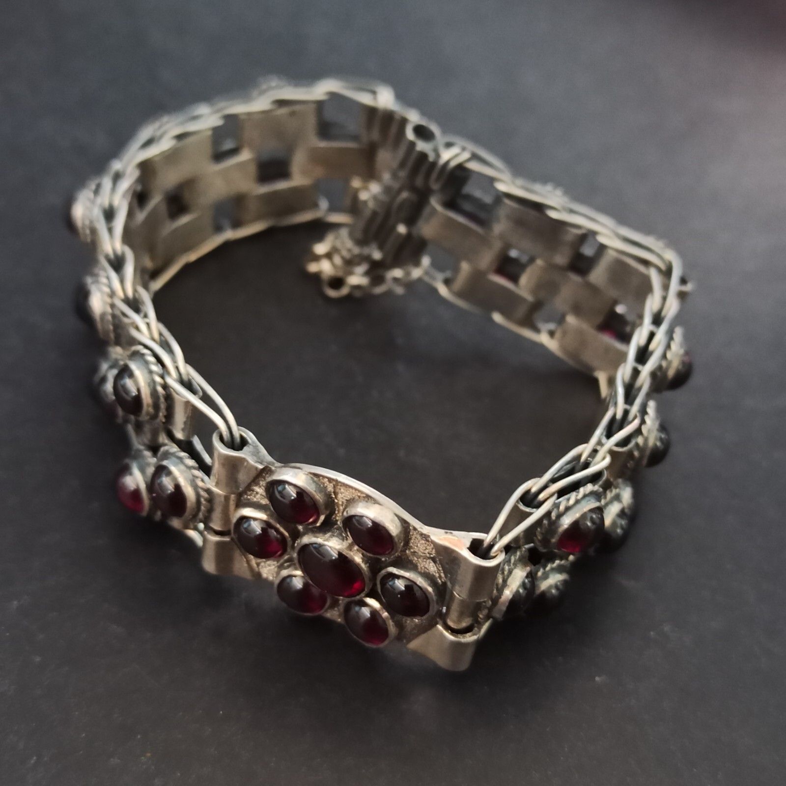 Vintage Garnet Bracelet 925 Silver Wide Statement Artisan GI OOAK Ethnic Boho