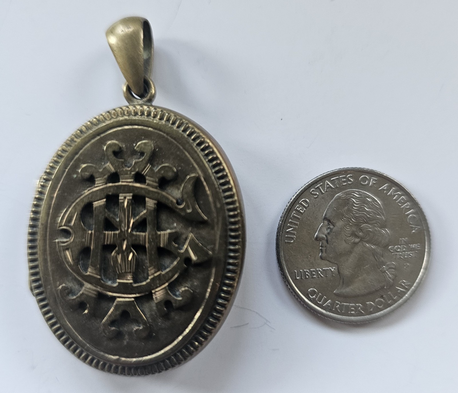 Brass Antique AEI symbol/monogram Victorian Photo Locket with bail & old photos