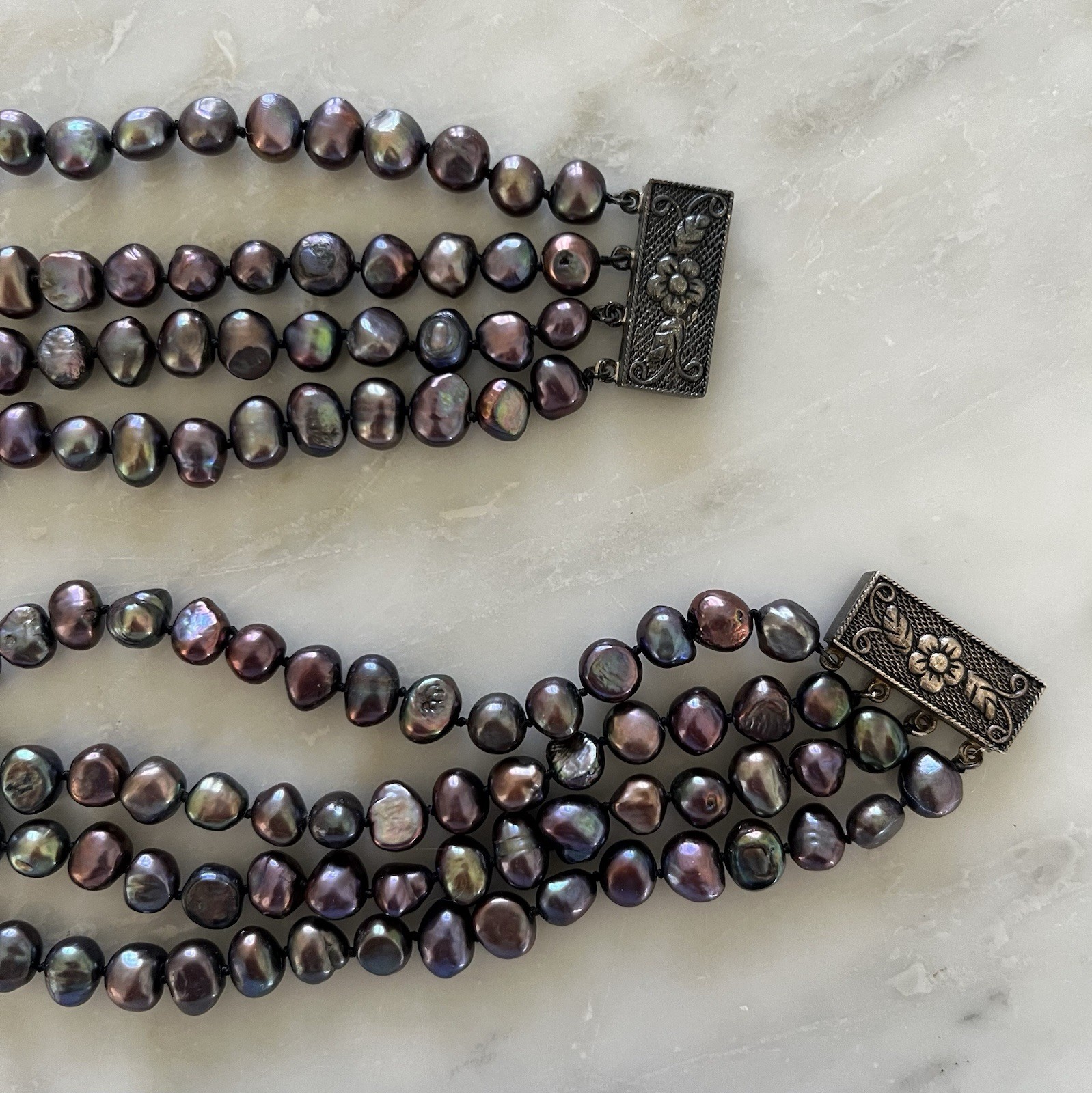 Vintage Estate Baroque Pearl Peacock Blue Purple Plum Necklace & Bracelet Set