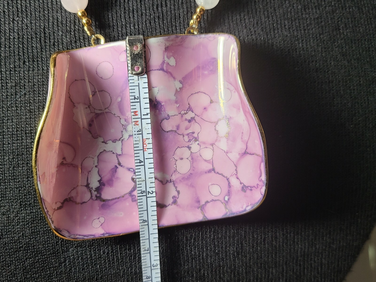 Vintage Costume Faux Agate Stone Pendant Beaded Necklace Purple Pink (K8)
