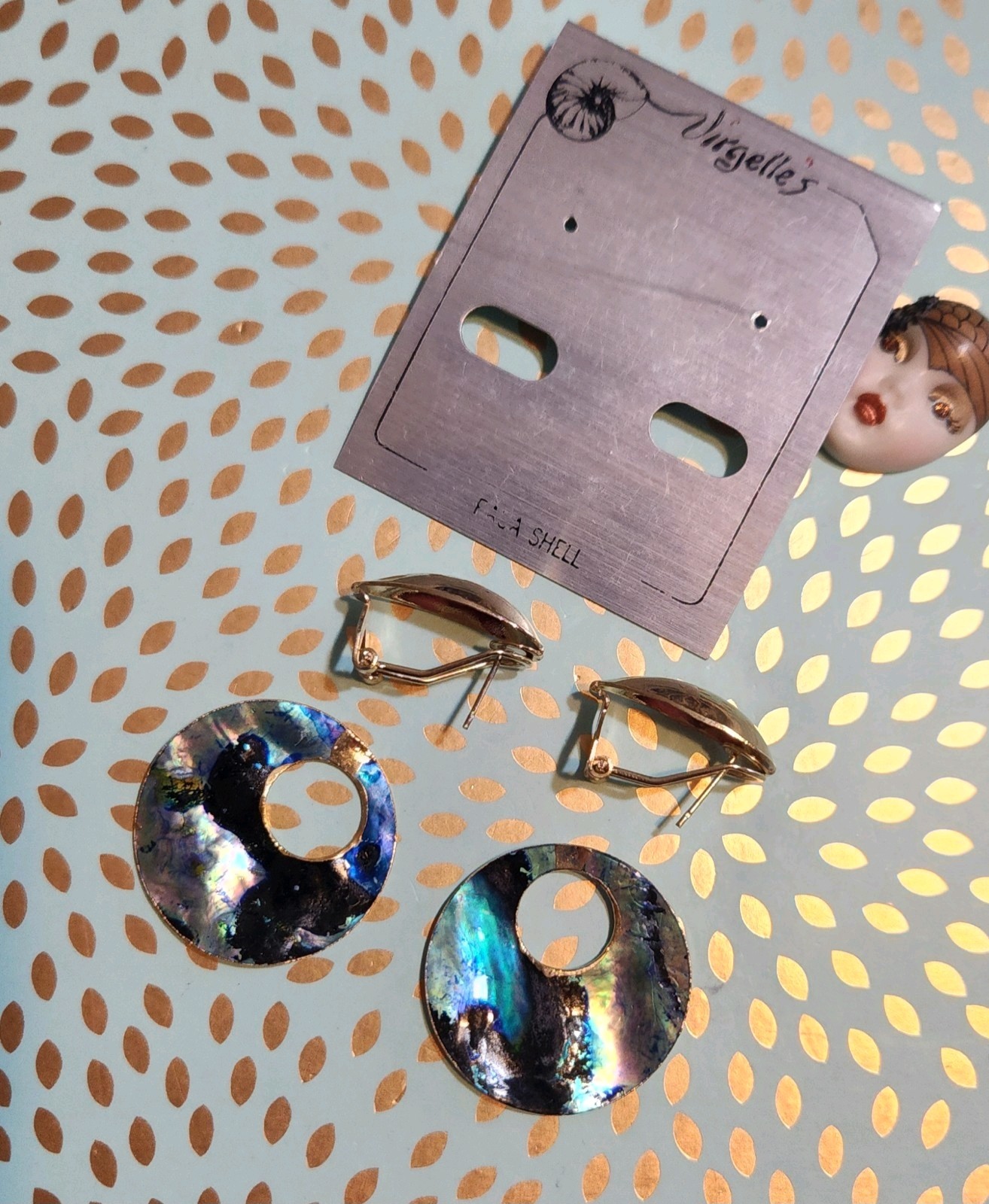 VTG NOS!! Peacock Paua Shell Doornocker Goldtone 2 In 1 Earrings