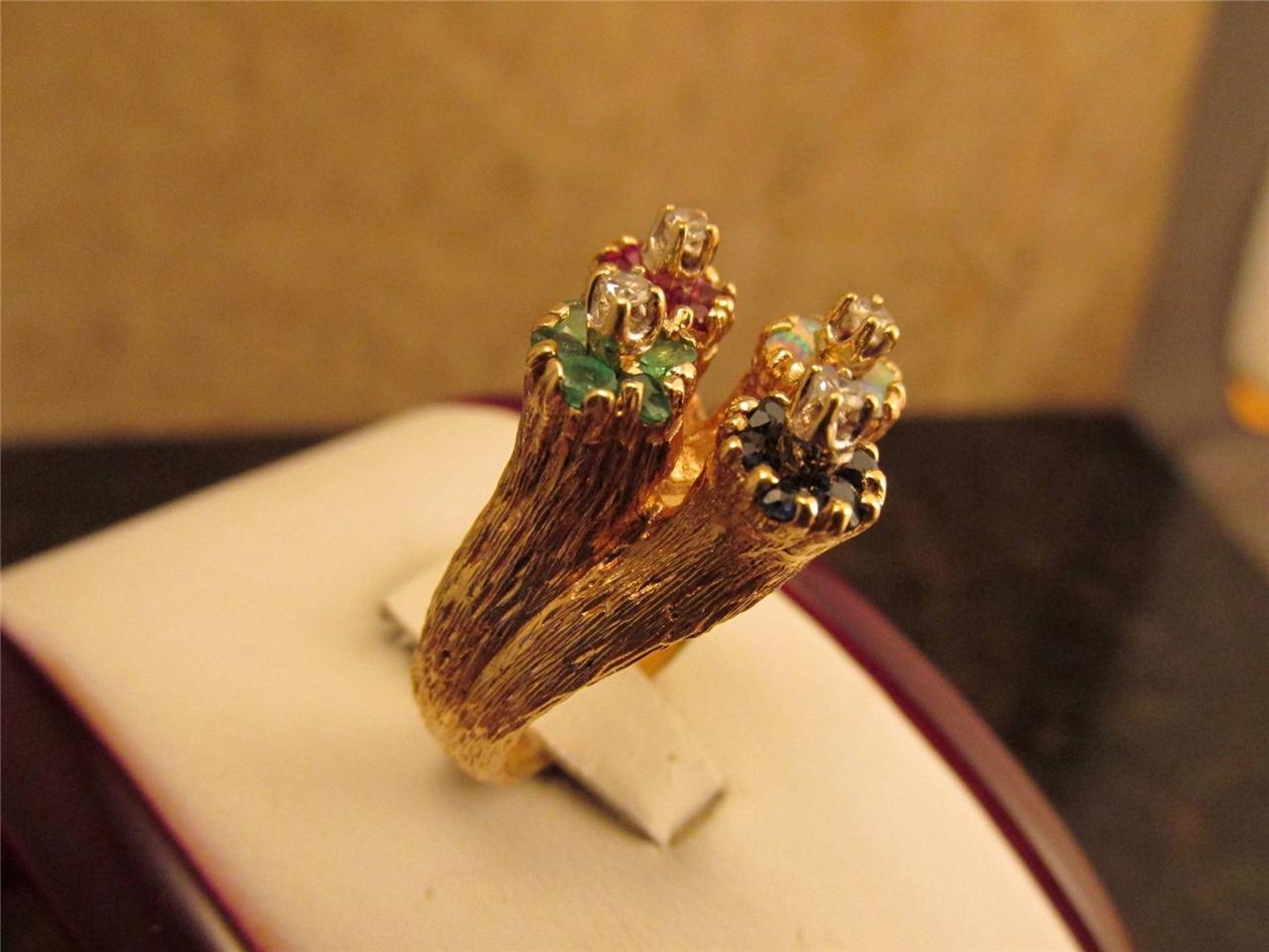 Vintage 14k Solid Gold Colorful Diamond Opal Emerald Sapphire Ruby Ring