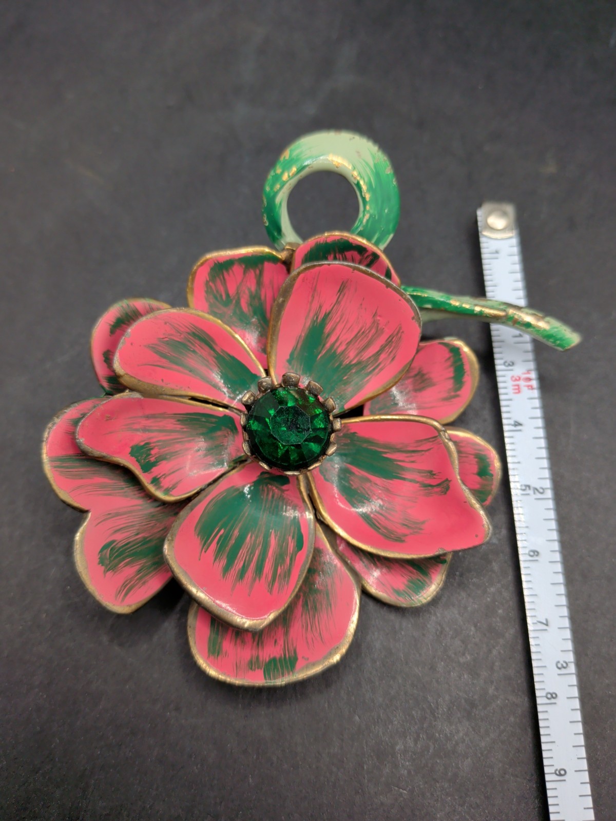 Vintage Artisan Gorgeous Pink And Green Pot Metal And Enamel Flower Brooch 3X3″