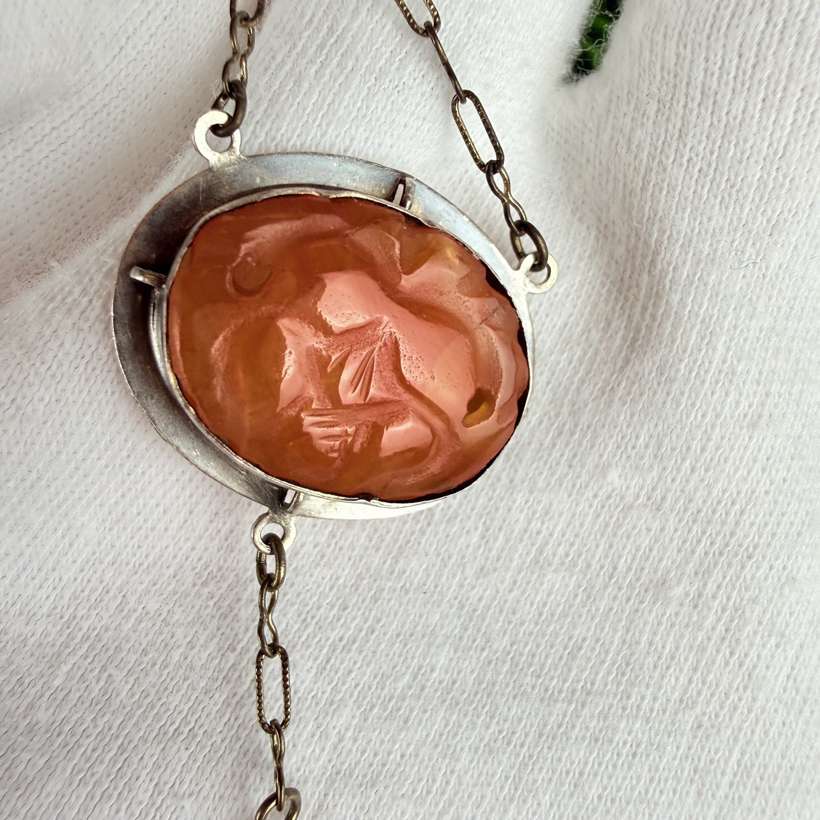 Antique Vintage Carved Carnelian Silver Pendant Necklace Art Deco