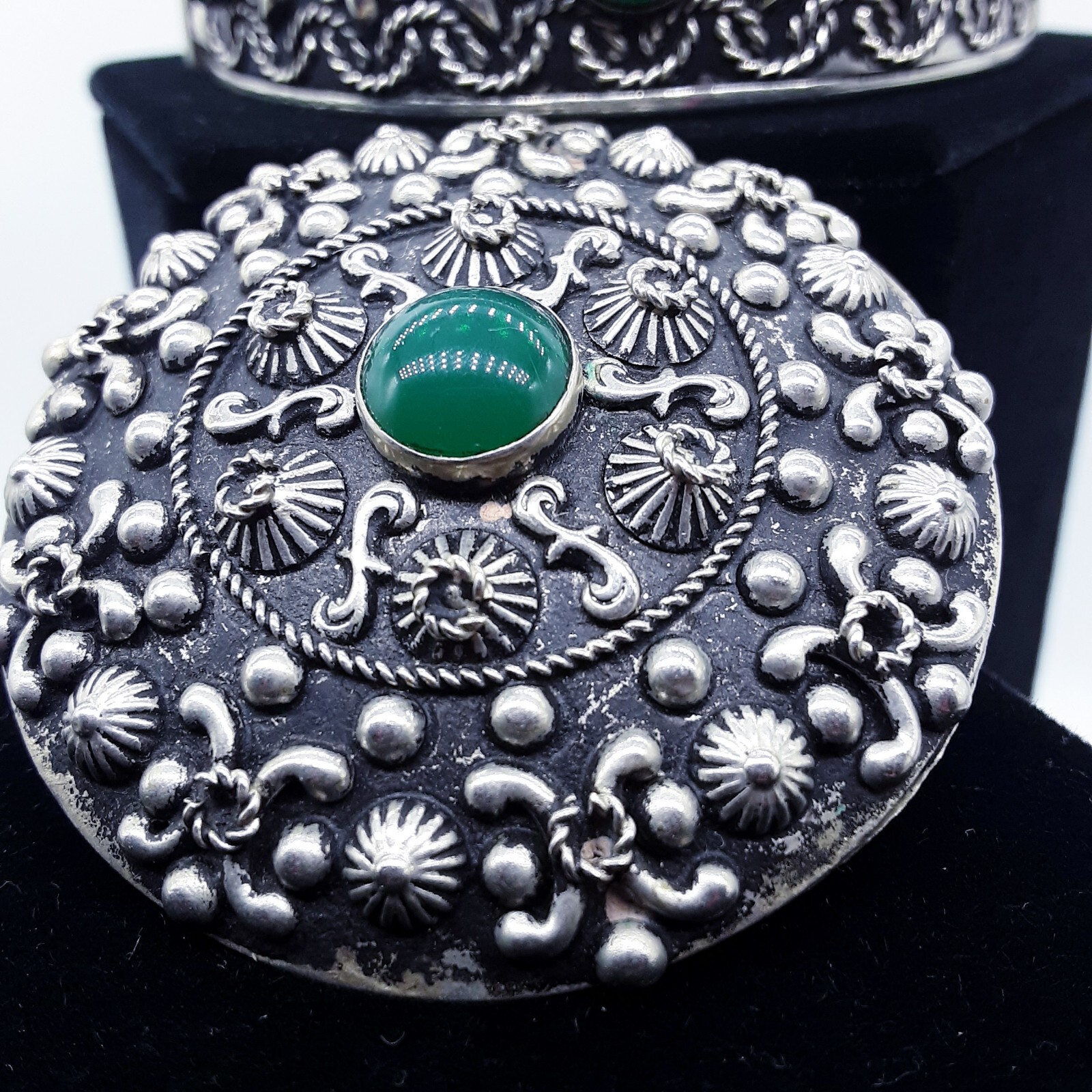 Vintage Set ornate Silver Clasp Bracelet w/ Safety Chain & brooch Italy