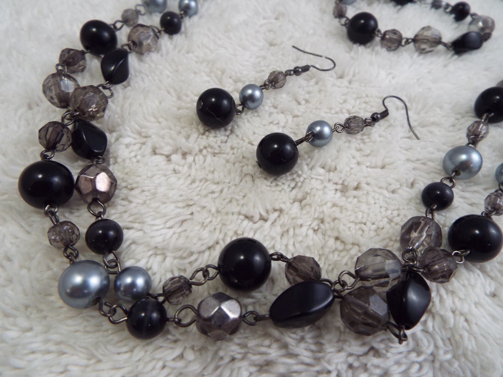 Black Gray Bead Double Gunmetal Chain Necklace + Bracelet + Earrings (F38)