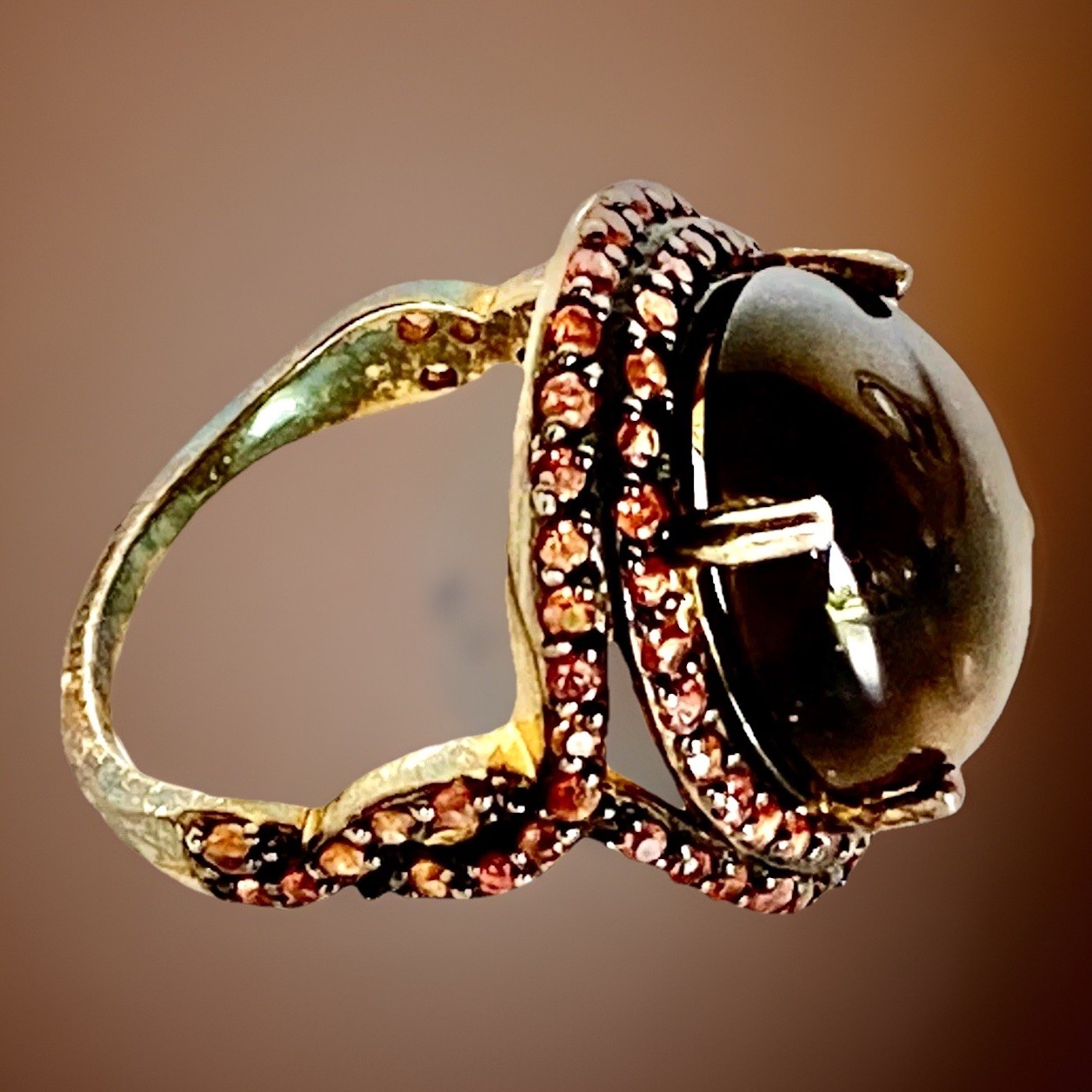 Clear Brown Stone w/Tiny Peach Stones Gold Plated Sterling Silver Ring TH , Sz 7