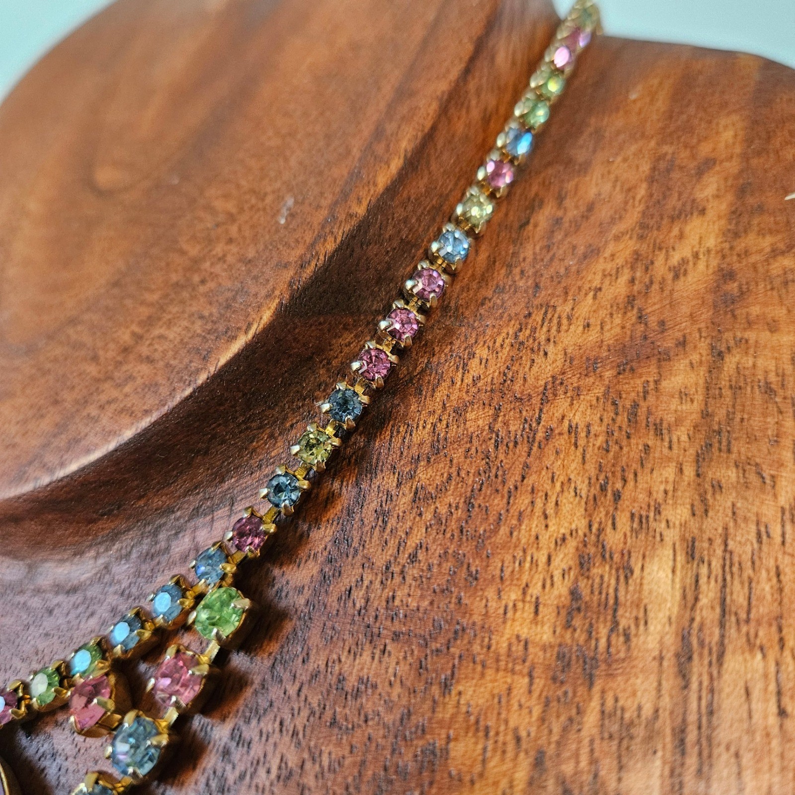 Vintage Multi-Color Pastel Rainbow Rhinestone Choker Necklace MCM Hook Juliana