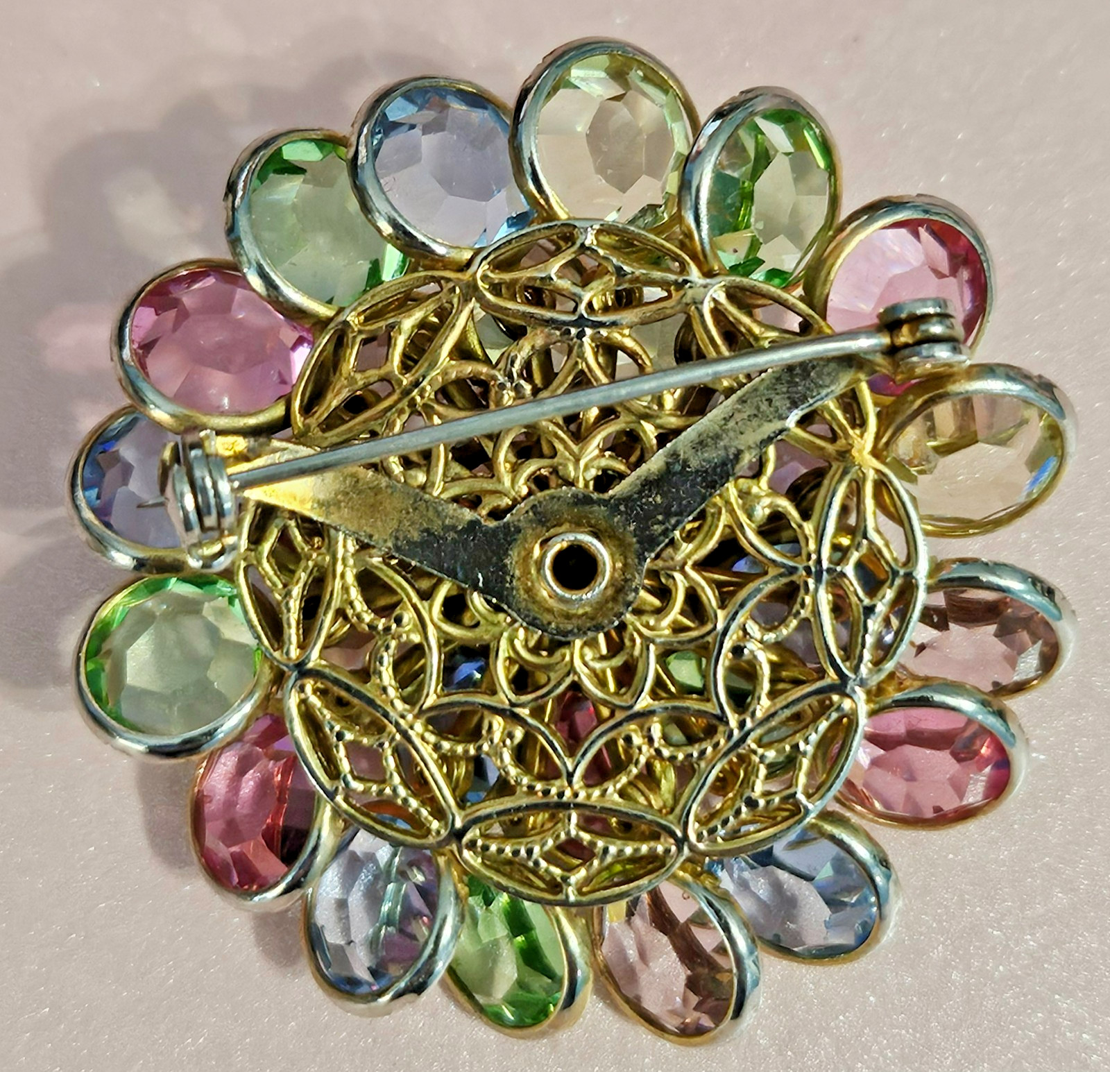 Vintage Pastel Tutti Frutti Flower Brooch Glows Bezel and Prong Set Spring !
