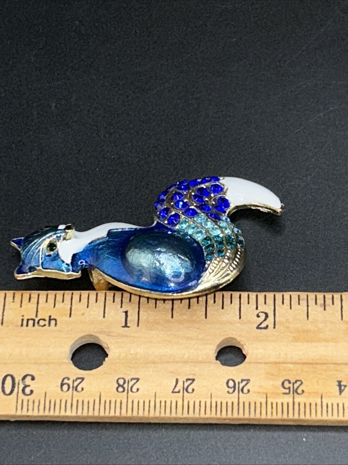 Blue Fox Brooch Pin Goldtone Metal Enamel Crystals Convertible Pendant Modern
