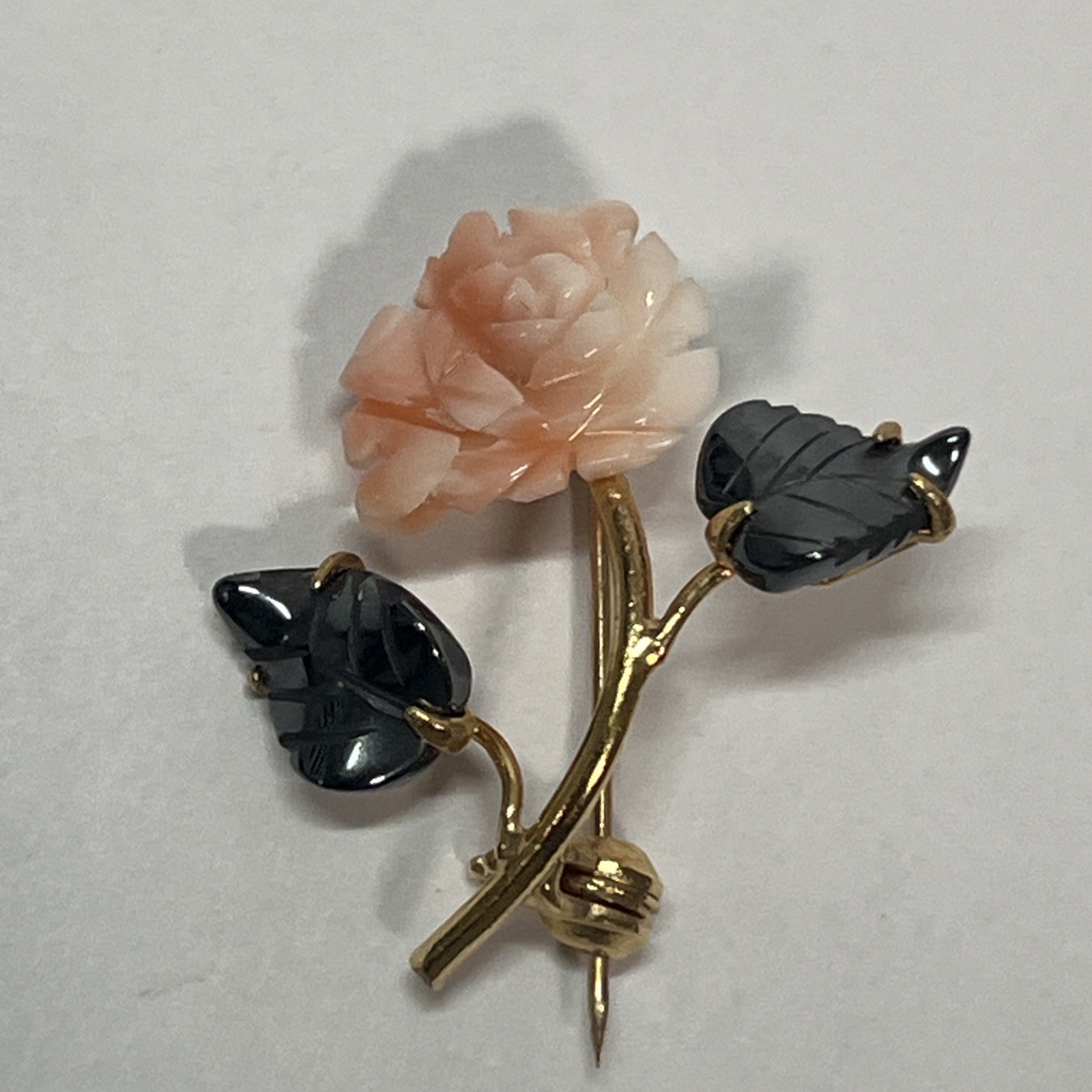 Vintage Carved Coral Rose Flower Brooch Jade Leaves Gold Tone Floral Pin