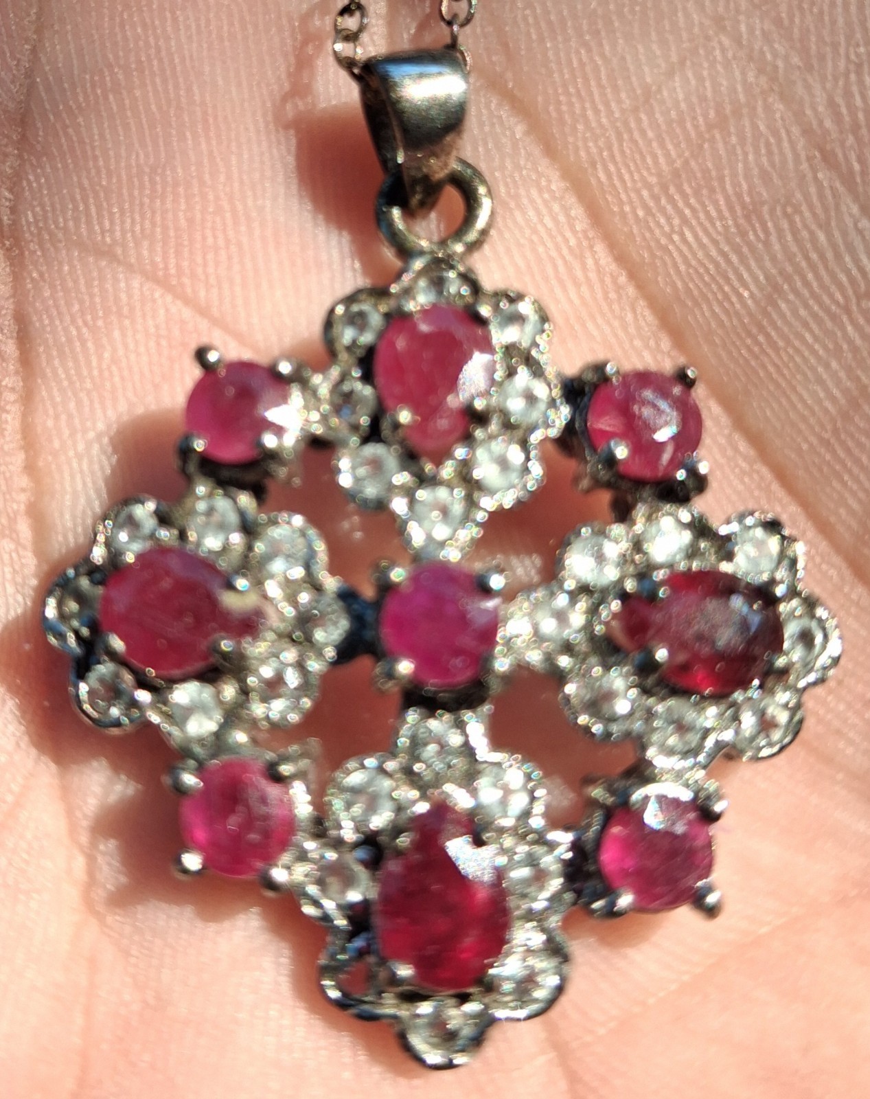 Vintage 925 Silver and Ruby Pendant With White Accent Stones Cluster Prong Set