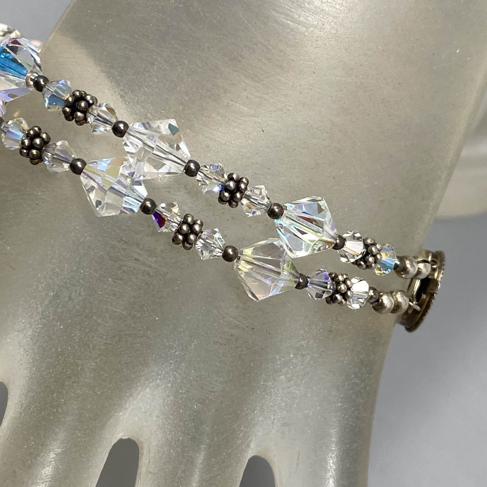 Aurora Borealis Glass Bead Bracelet Bicone Faceted Double Strand Tennis 7.5″