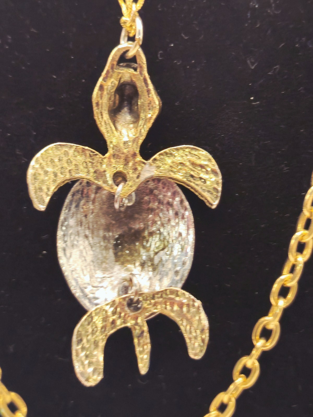 Vtg Articulated Turtle Pendant Gold/Silver Tone Shell Amber Eyes