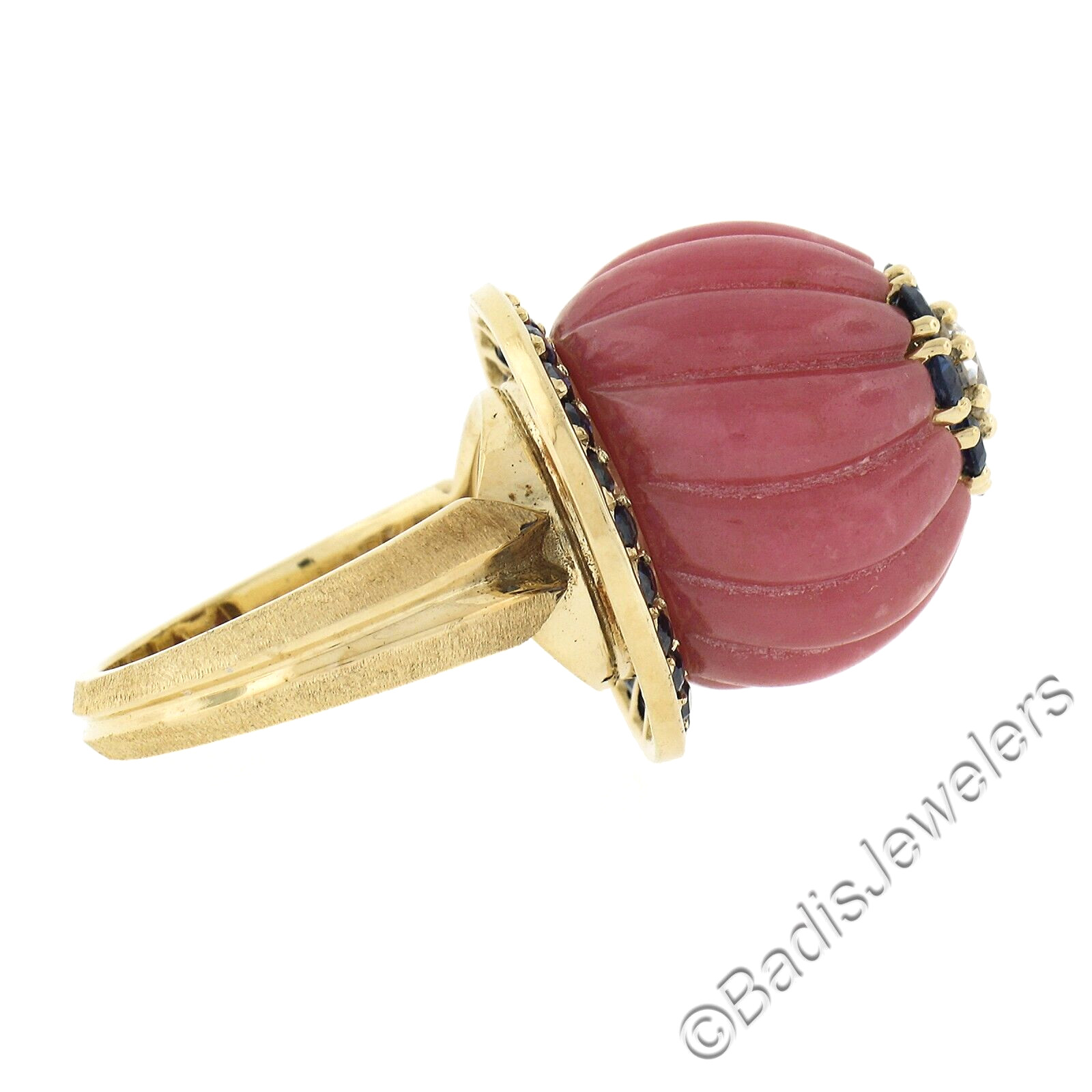 Gold Carved Rose Quartz 1.52ctw Sapphire & Diamond Flower High Profile Ring
